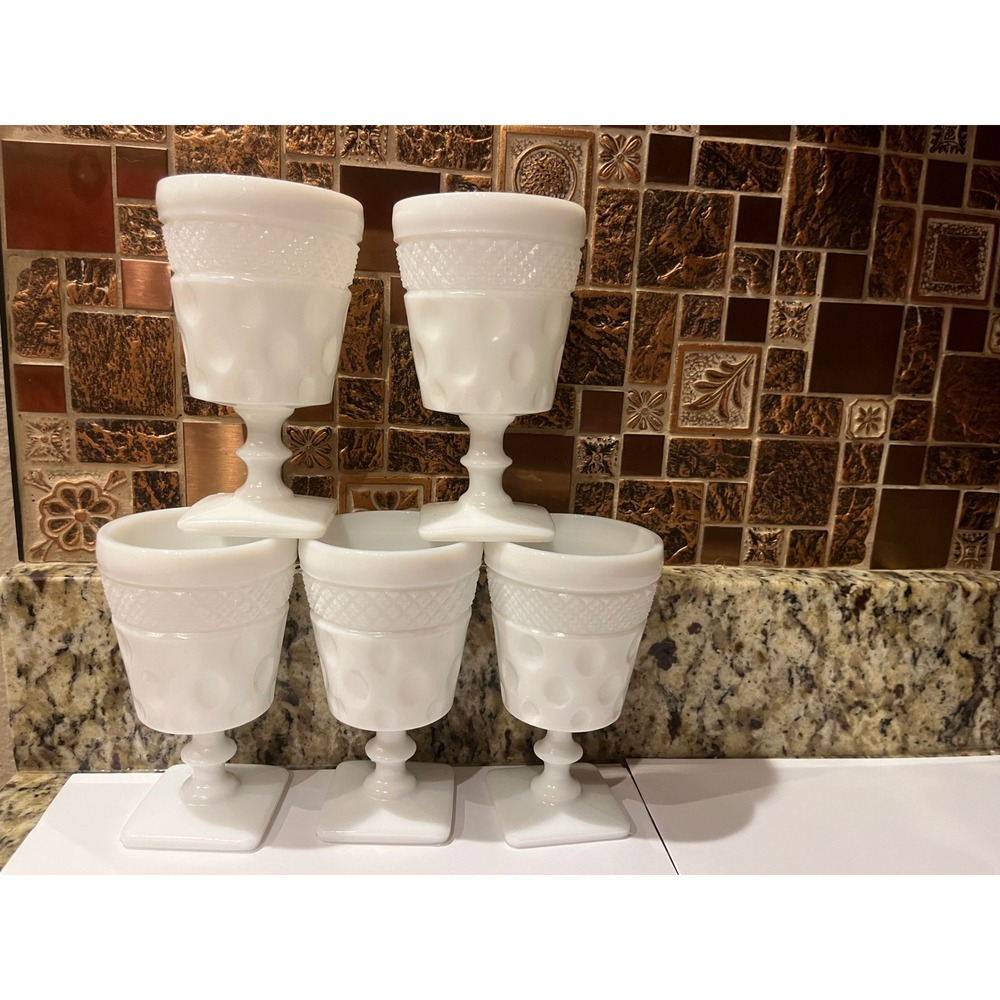Set of 6‎ Vintage Milk Glass Goblets Textured Trumpet Base Footed Dessert Wine